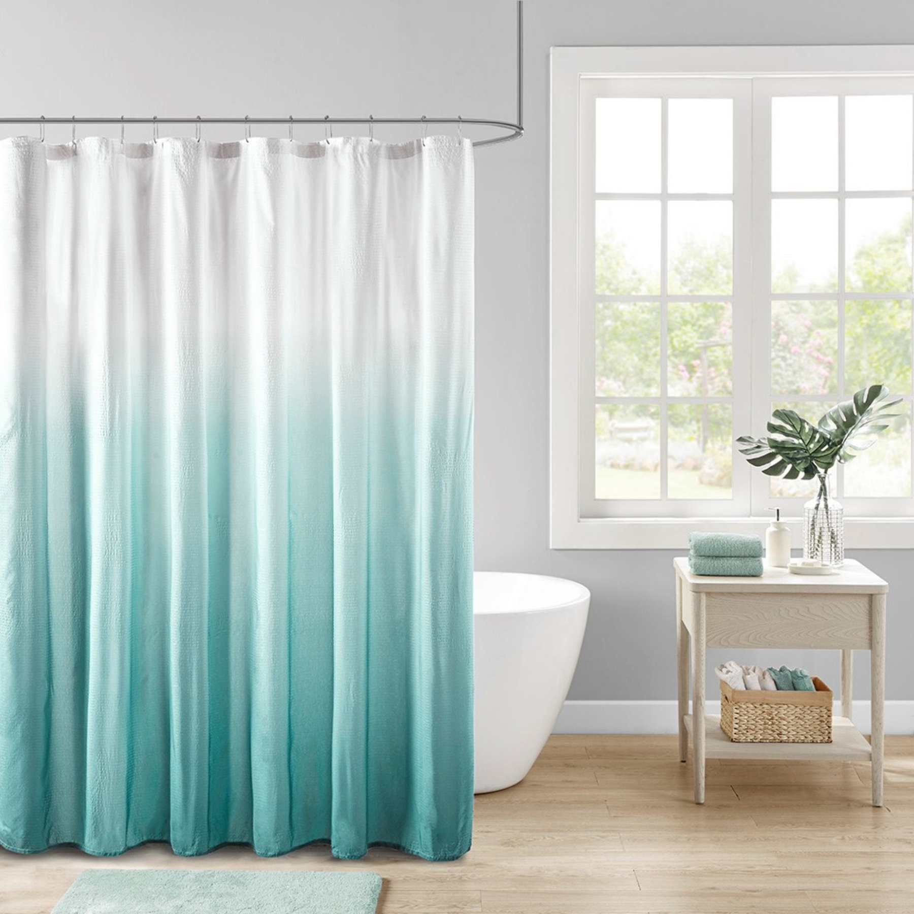 East Urban Home Ombre Printed Seersucker Shower Curtain Aqua 72x72